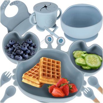 9-Piece Silicone Baby Feeding Set with Crab Suction Plate, Blue