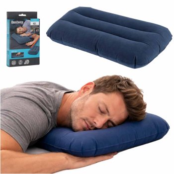 Inflatable velour travel camping pillow BESTWAY 67121, navy blue