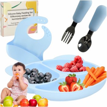 Silicone Baby Feeding Set with Bear Plate and Bib, 4-Piece, Blue