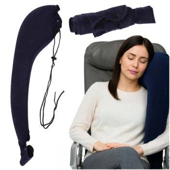 Inflatable Side Sleeper Travel Pillow for Car with Seat Strap, Navy Blue