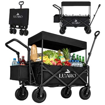 LUARO Folding Utility Beach Wagon with Canopy and Net, Black