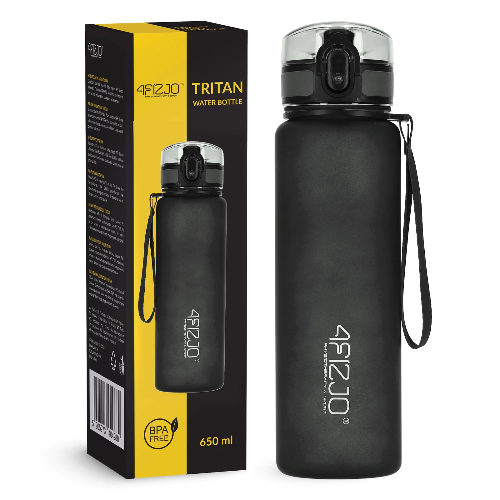4FIZJO Tritan Sports Water Bottle 650 ml, BPA-Free, Black