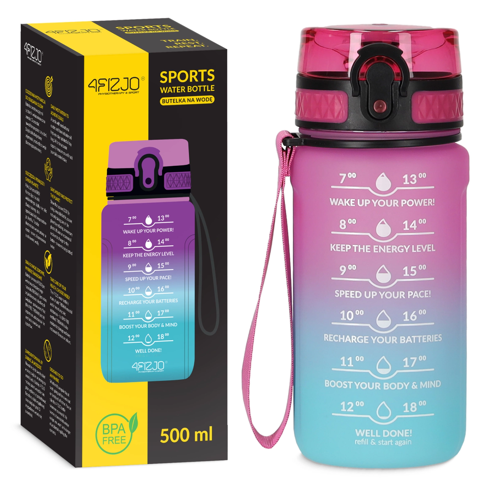 Motivational Water Bottle 4FIZJO 0.5L for Sports & Fitness, Pink & Blue