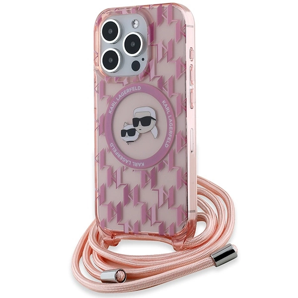 Apple iPhone 15 Pro 6.1'' Karl Lagerfeld IML Crossbody Monogram Karl & Choupette Head MagSafe Cover Case, Pink