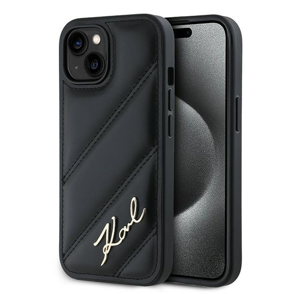 Apple iPhone 15 Plus 6.7'' Karl Lagerfeld Diagonal Quilted Script Cover Case, Black