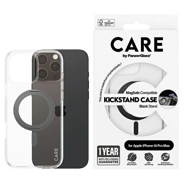 Apple iPhone 16 Pro Max 6.9'' CARE by PanzerGlass Feature Kickstand MagSafe Case Cover, Black