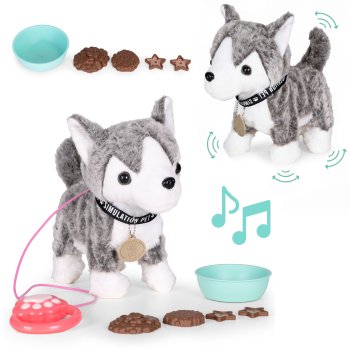 Interactive Walking Husky Dog Toy on Leash Wags Tail and Plays Music for Kids