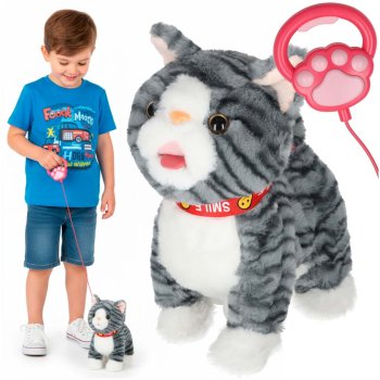 Interactive Walking Cat Toy on a Leash Meows Sings and Wags Tail, Gray