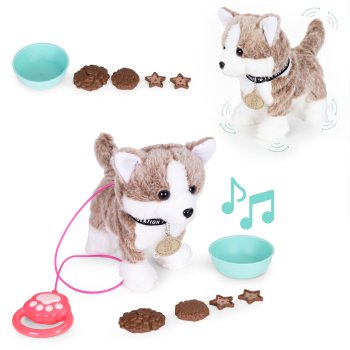 Interactive Walking Husky Toy Dog on Leash Sings Melodies and Wags Tail