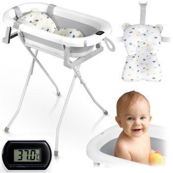 Foldable Baby Bathtub with Stand, Thermometer & Newborn Insert Ricokids RK-287, White-Grey