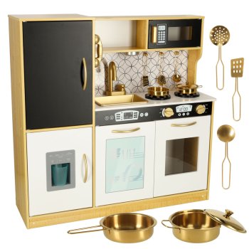 Children's Wooden Kitchen with Refrigerator and Chalkboard LULILO, Gold