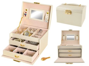 Jewelry Box Organizer with Mirror and Drawers, Beige