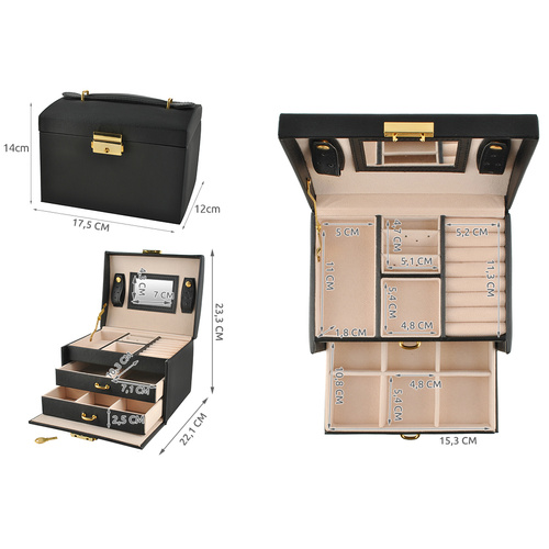 Lockable Jewelry Box Organizer with Mirror and Drawers, Black (3)