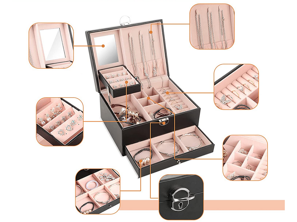 Large jewelry box organizer with mirror and key, black (1)