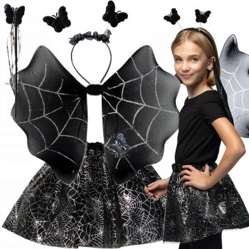 Girls' Halloween costume set with shiny skirt, butterfly wings, headband and magic wand, black