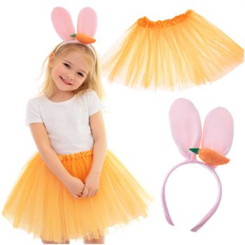 Girls Bunny Costume Set with Tulle Tutu Skirt, Ears Headband and Carrot