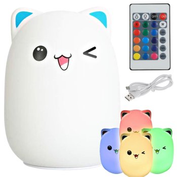 Kid's Silicone LED RGB Light Night Lamp with Remote Control, Cat