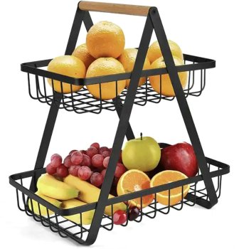 2-Tier Metal Fruit Basket with Wooden Handle, Black