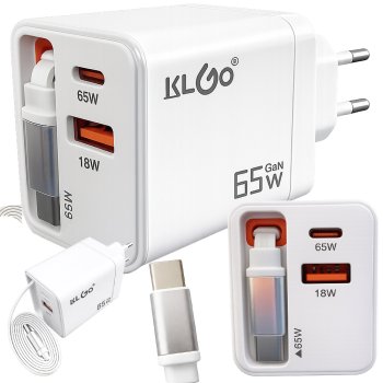 65W USB C Fast Wall Charger with Built-in Cable Power Delivery for Laptops, White