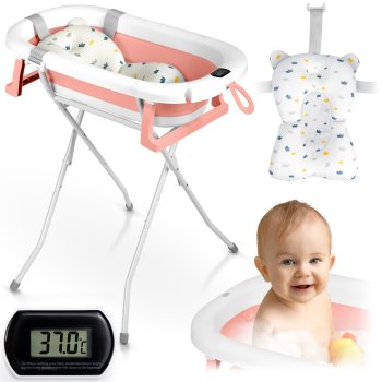 Foldable Baby Bathtub with Stand, Thermometer & Insert Ricokids RK-287, white-pink