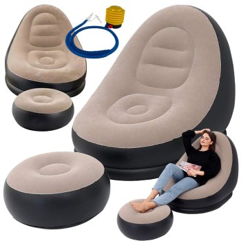 Inflatable Lounge Chair with Ottoman Footrest and Pump, Cozy Blow Up Chair, brown