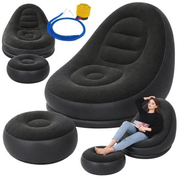 Inflatable Chair with Ottoman and Pump, Comfortable Blow Up Lounge for Home or Patio, black