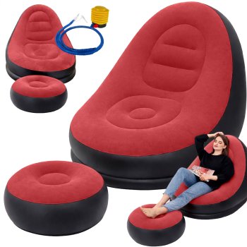 Inflatable Lounge Chair with Ottoman, Comfortable Blow Up Chair for Patio and Beach, Red