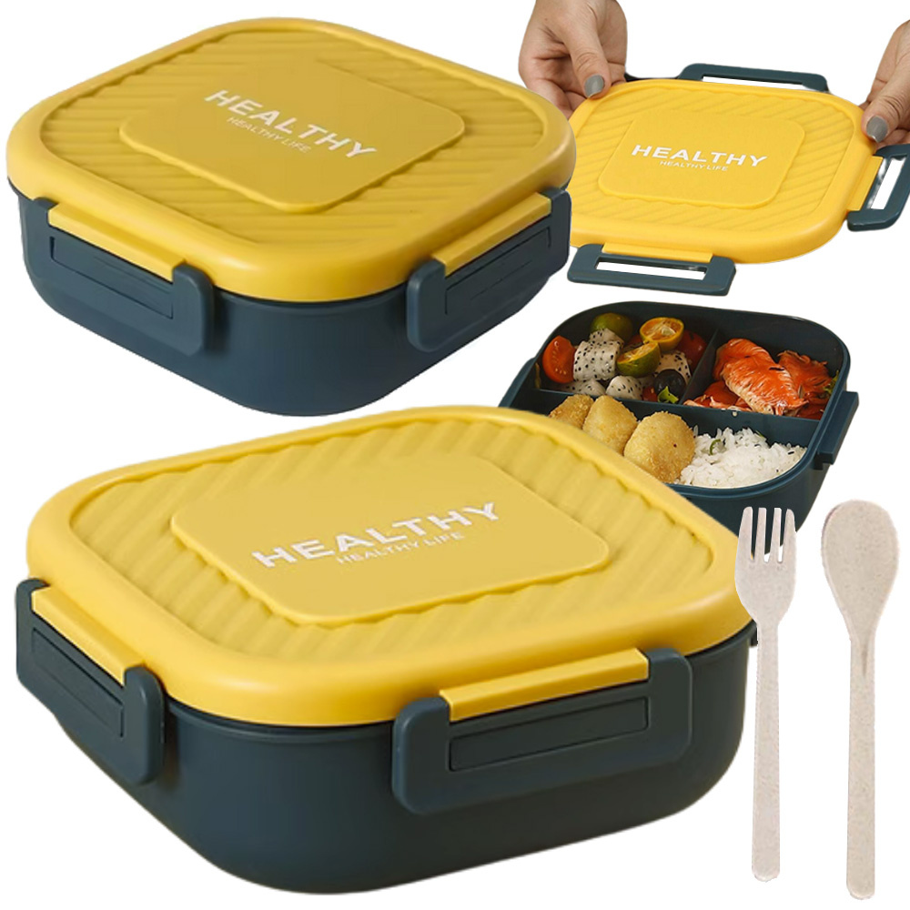 Bento Lunch Box with 3 Compartments and Utensils for Adults & Kids, Leakproof, green
