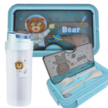 Kids Lunch Box with Water Bottle and Utensils, Leak-Proof Bento Box Set, Blue