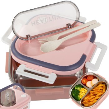 Bento Lunch Box with Compartments and Utensils Microwave Safe Food Container 1000ml, Pink