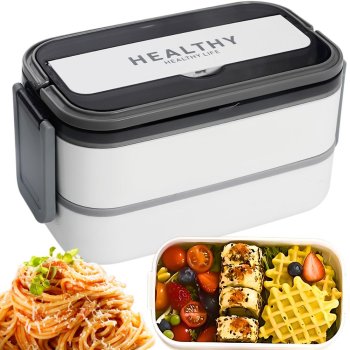 Stackable Bento Lunch Box with Compartments and Utensils XXL 1400ml, White