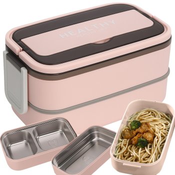 Bento Lunch Box with Compartments XXL, 2 Tier Stackable Meal Prep Container with Utensils, pink