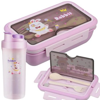 Kids Lunch Box and Water Bottle Set, Leak-Proof Bento Container with Utensils, purple