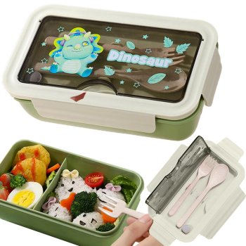 Bento Lunch Box for adults and kids with 2 compartments and utensils, green