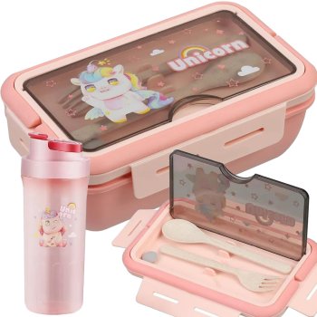 Bento Lunch Box for Kids with Water Bottle and Utensils Set, Pink