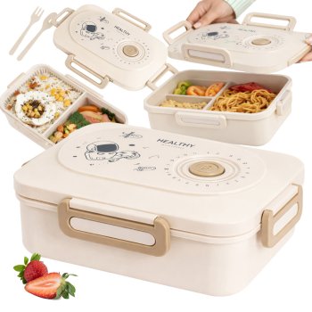 Bento Lunch Box with 3 Compartments and Utensils, Food Container for Adults Work School, Beige