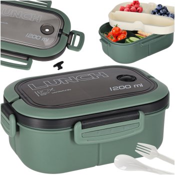 Bento Lunch Box with Compartments and Cutlery 1200ml, Green