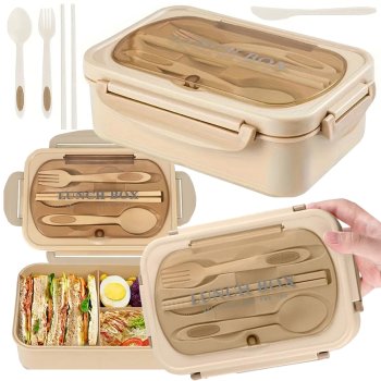 Lunch Box with 3 Compartments and Cutlery Set for Work and School, Brown