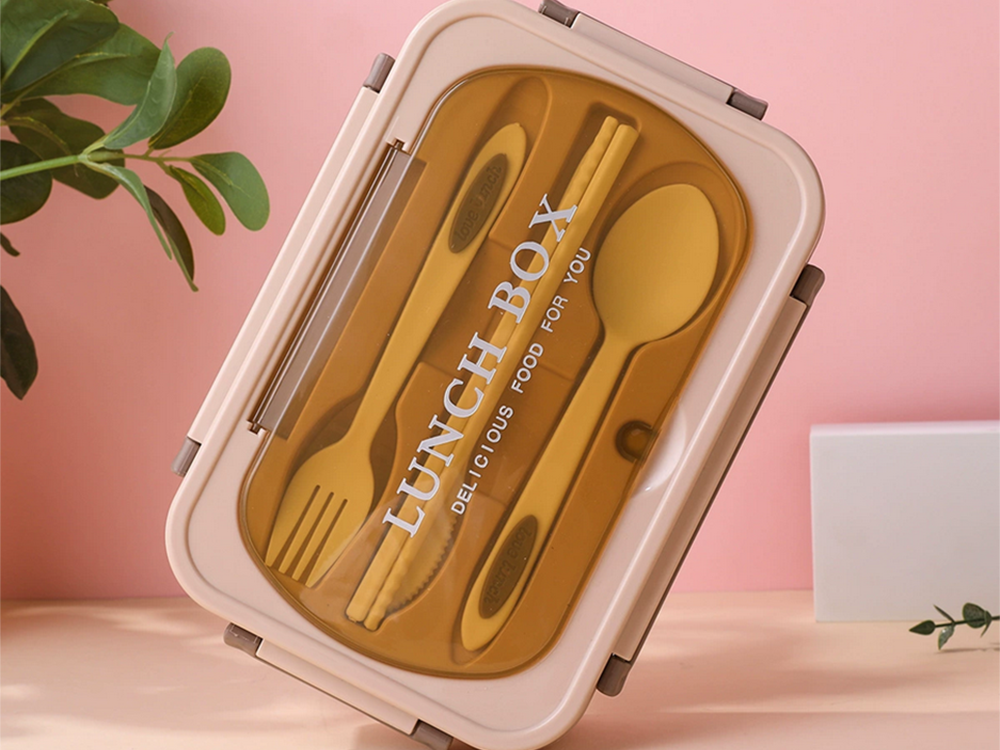 Lunch Box with 3 Compartments and Cutlery Set for Work and School, Brown (2)