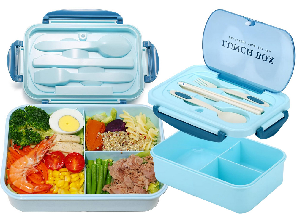 Lunch Box with Compartments and Cutlery Set for Work & School, Blue (3)