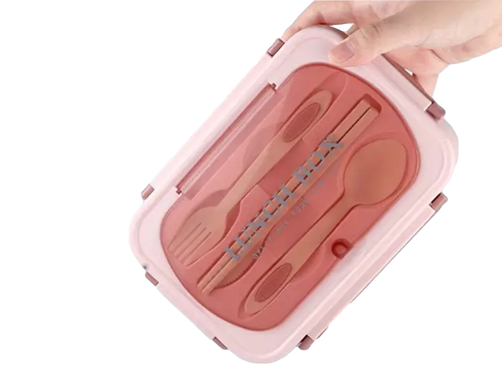 Bento Lunch Box with 3 Compartments and Cutlery Set, Pink (1)