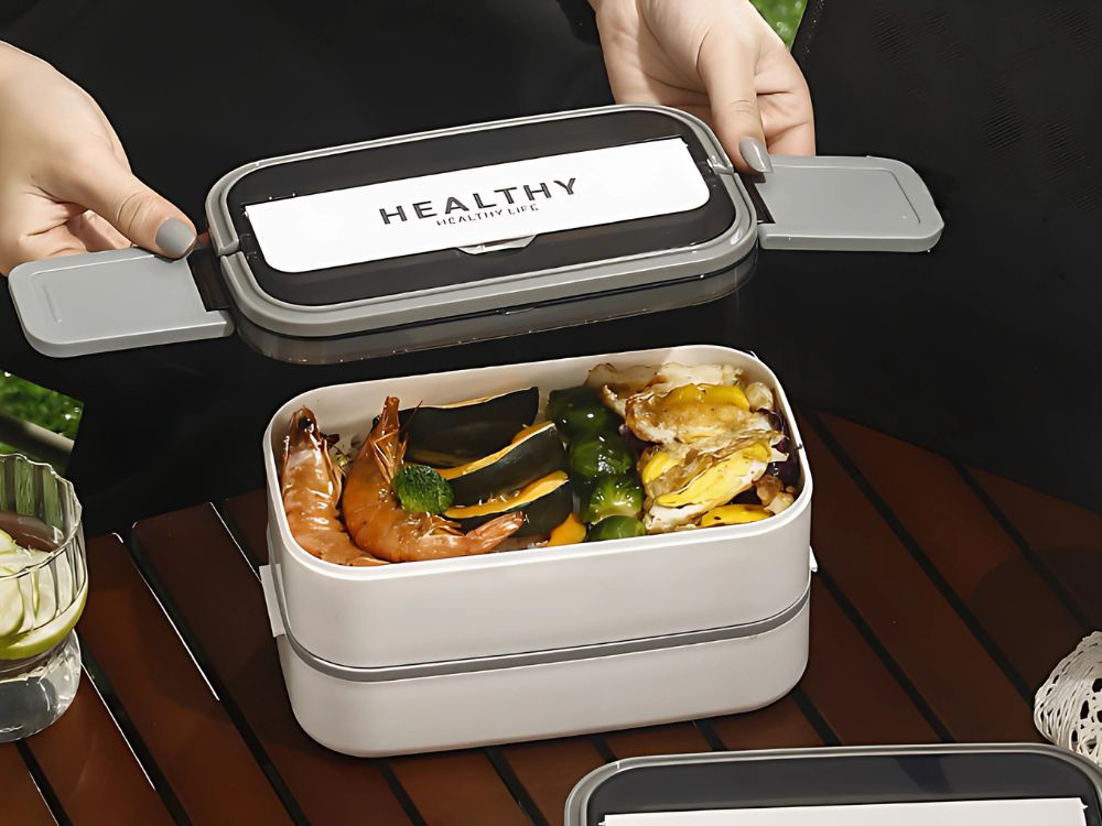 Stackable Bento Lunch Box with Compartments and Utensils XXL 1400ml, White (1)