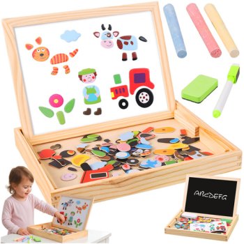 Kruzzel 25637 Double-Sided Magnetic Drawing Board for Kids with 108 Puzzles