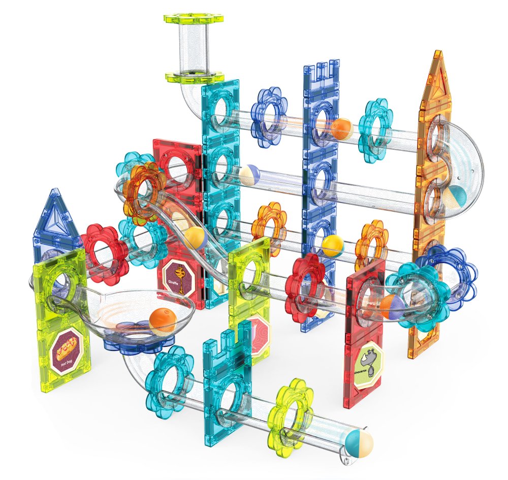 Magnetic tiles marble run 113 piece 3D building blocks STEM toy for kids (0)
