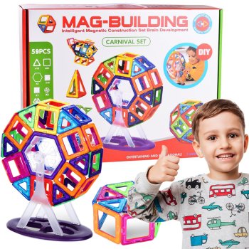 Mag-Building Carnival Set Kids Toy Magnetic Construction Blocks with Ferris Wheel, 59 Elements