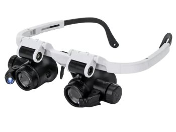 Head Magnifier Glasses with LED Light for Close Work 8x 23x, black and white