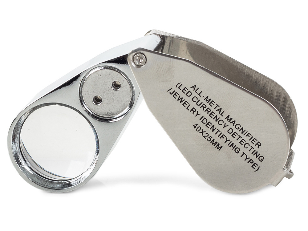 Folding 40x Jeweler's Loupe Magnifier with LED and UV Light, Silver (1)