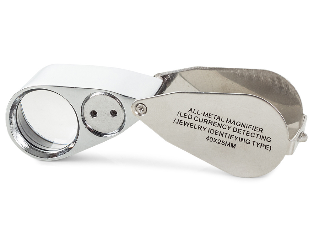 Folding 40x Jeweler's Loupe Magnifier with LED and UV Light, Silver (2)