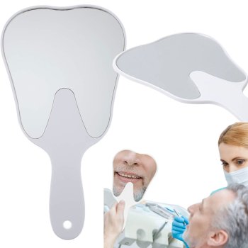 Cosmetic makeup mirror dental hand in the shape of a tooth