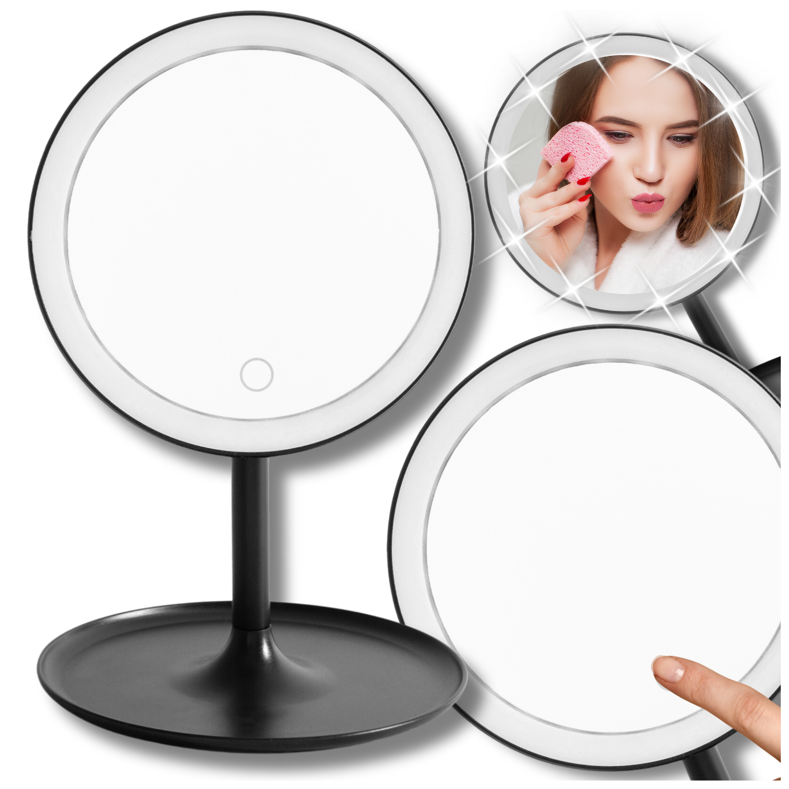 Round LED Makeup Mirror with 3 Light Modes, Black